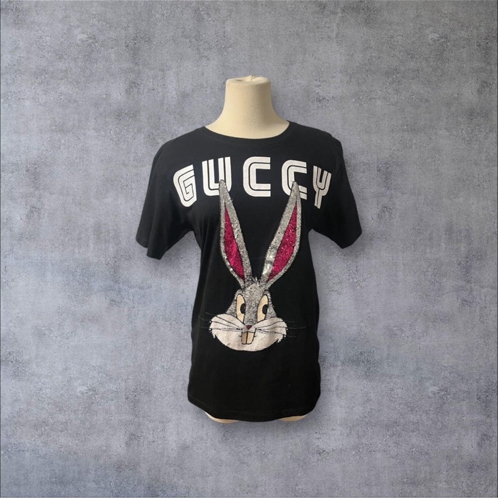 Gucci Black Short Sleeve Tee with Sequined Bunny and White GUCCY Logo - Picture 5 of 6